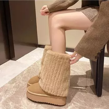 Модные женские зимние новые стильные модные меховые леггинсы дизайнерские толстые удобные зимние ботинки уличные теплые без застежек модные ботинки 35 бежевый