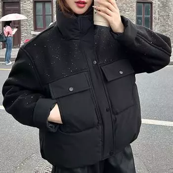 Модные женские зимние пальто со стойкой, свободные, толстые, теплые, короткие парки, женские куртки M чёрный