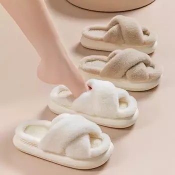 Модные женские зимние пушистые меховые домашние тапочки Модные нескользящие тапочки для дома с перекрестными полосками Женские теплые плюшевые хлопковые тапочки на толстой подошве 44-45 хаки