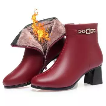 Модные женские зимние сапоги 2024 года, новые мягкие кожаные ботильоны на высоком каблуке, теплые, толстые, плюшевые, удобные, хлопковые сапоги для женщин 35 чёрный