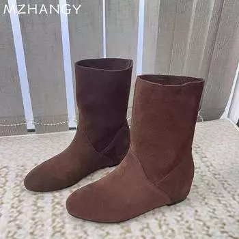 модные женские зимние сапоги до середины голени замшевые туфли на плоской подошве модная женская обувь 2025 трендовые зимние готические ботинки челси новые удобные мотоциклетные ботинки Mujer 35 чёрный