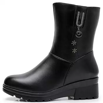 Модные женские зимние сапоги, кожаные сапоги на платформе до середины голени для женщин, зимняя теплая обувь, ботильоны на молнии, женские ботильоны для женщин 35 чёрный