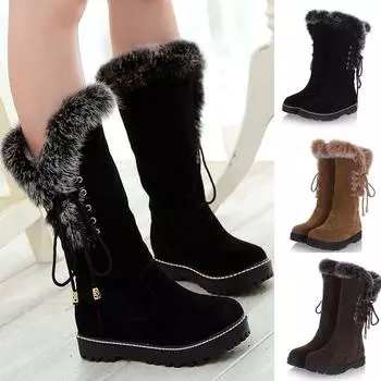 Модные женские зимние сапоги на средней трубке. Модная зимняя обувь на плоской подошве. Теплые сапоги. 35 коричневый