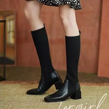 Модные женские зимние сапоги-носки длиной до колена, вязаные теплые высокие сапоги на высоком каблуке, повседневные дизайнерские толстые мотоциклетные ботинки 35