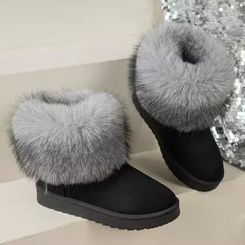 Модные женские зимние сапоги Rimocy Fluffy Faux Fur Snow Boots 2024 года, зимние короткие плюшевые ботильоны на плоской подошве, женские удобные теплые хлопковые ботинки больших размеров 36 чёрный