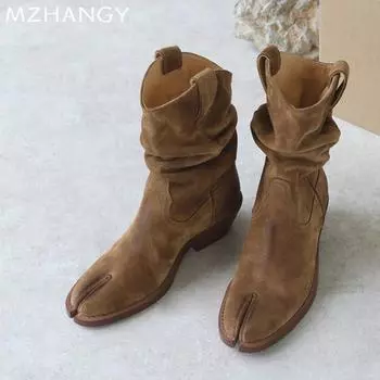 модные женские зимние сапоги средней длины из кожи, дизайнерские туфли на каблуках, женские ботинки челси 2024 года, зимние прогулочные ботинки, новые удобные женские ботинки 35 чёрный