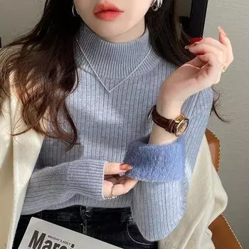 Модные женские зимние свитера из плюшевого флиса с длинным рукавом, утолщенные, с полувысоким воротом, облегающие, вязаные свитера для женщин, бархатные, теплые, повседневные, женские джемперы 25617 One Size чёрный