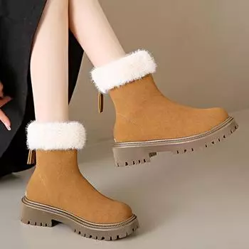 Модные женские зимние теплые ботильоны из искусственного меха, модные толстые плюшевые зимние ботинки из искусственной замши, женские удобные нескользящие короткие ботинки Mujer 2024 35 чёрный