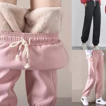 Модные женские зимние теплые длинные брюки, флисовые толстые леггинсы, однотонные эластичные повседневные спортивные штаны на шнуровке больших размеров, повседневные брюки-шаровары XXXL чёрный