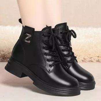 Модные женские зимние теплые плюшевые сапоги в британском стиле из натуральной шерсти, кожаные, на толстом каблуке, на платформе, повседневные ретро-ботфорты 35