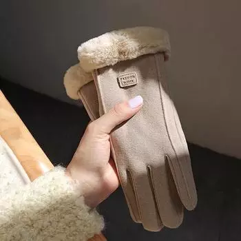 Модные женские зимние утолщенные замшевые ветрозащитные перчатки Мягкие и удобные плюшевые зимние перчатки с сенсорным экраном Женские велосипедные лыжные теплые перчатки one size хаки