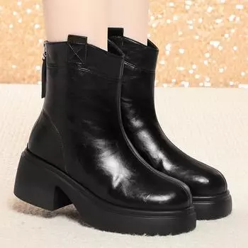 Модные женские зимние высокие сапоги в британском стиле высотой 6 см 2024 года, элегантные женские туфли на толстом каблуке, короткие мотоциклетные ботинки до щиколотки для офиса и мамы 35