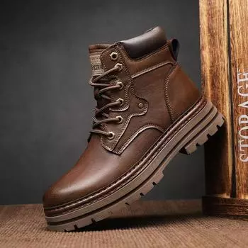 Модные зимние базовые ботинки мужские на шнуровке ретро коричневые ботильоны кожаные ковбойские сапоги для спорта на открытом воздухе флисовая подкладка зимние высокие ботинки 38