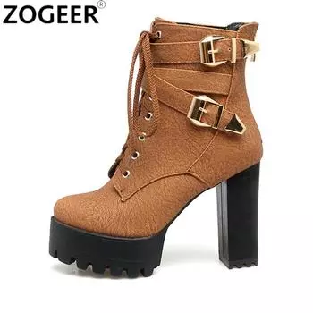 Модные зимние ботильоны для женщин, обувь на платформе, сексуальные пряжки, панк-каблук, мотоциклетные ботинки, коричневые туфли для женщин, большой размер 34 бежевый
