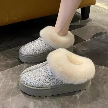 модные зимние ботильоны из искусственного меха с блестками для женщин, нескользящие плюшевые зимние ботинки для женщин, толстая подошва, теплая обувь на платформе, Botas Mujer 36 чёрный