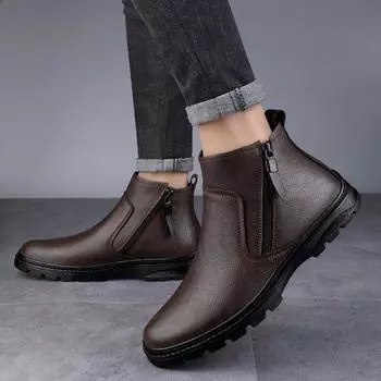 Модные зимние ботинки челси на меху, теплые, мужские, повседневные, модные тенденции, дизайнерские, мужские, формальные ботинки, ручная работа, на молнии, деловая обувь, противоскользящая 37 коричневый