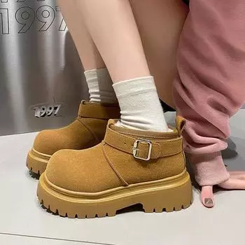 Модные зимние ботинки для активного отдыха высокого качества из плюша, теплые женские замшевые меховые зимние ботинки с круглым носком и пряжкой на плоской подошве 35 коричневый