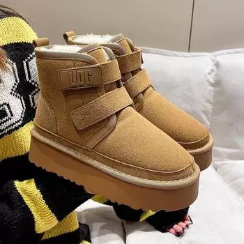 Модные зимние ботинки для отдыха на открытом воздухе 2024 года, женские теплые плюшевые ботинки, классические ботильоны на ультраплатформенной подошве из коровьей замши с мехом и липучкой 35 чёрный