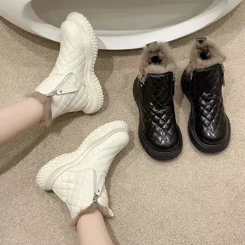 модные зимние ботинки для снега с толстой подошвой и боковой цепочкой, теплые удобные ботинки для снега для женщин, ботильоны для женщин, женская обувь 35 бежевый