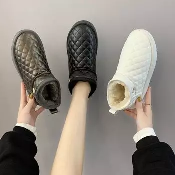 Модные зимние ботинки для женщин 2024 года, модные зимние туфли из хлопка, утолщенные теплые короткие ботинки, нескользящие туфли на плоской подошве, женские ботильоны 36 (One size smalle) чёрный