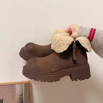 Модные зимние ботинки для женщин 2024 года, зимние туфли из овечьей шерсти и хлопка, толстая подошва, интегрированный мех, северо-восточные большие хлопковые туфли 35 верблюд