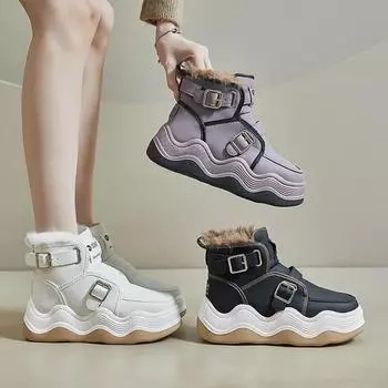 Модные зимние ботинки из искусственной кожи с плюшевой подкладкой для женщин 2024 года, новые зимние ботинки для женщин из хлопка, женские теплые модные повседневные ботинки на шнуровке до щиколотки 35 бежевый