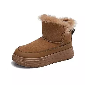 Модные зимние ботинки из нубука в британском стиле, женские теплые ботинки из плюша и меха на толстой подошве, круглые ботинки на платформе и танкетке высотой 5 см 35 чёрный