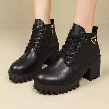 Модные зимние ботинки на толстом каблуке для женщин, высококачественные зимние ботинки челси из искусственной кожи со шнуровкой 2024 года, модные однотонные ботинки большого размера 35 бежевый