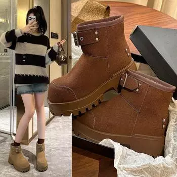 Модные зимние ботинки с пряжкой на ремне, женские, 2024, новые, ретро, теплые, бархатные, короткие, удобные, повседневные ботинки на платформе, прилив 35 верблюд