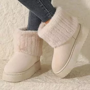 модные зимние ботинки женские с подкладкой водонепроницаемые зимние синтетические замшевые пушистые женские ботильоны на платформе нескользящие короткие ботинки 36 бежевый