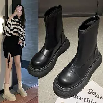 Модные зимние британские роскошные сапоги на толстом каблуке 2024 года из натуральной кожи, женские сапоги на толстой подошве, тонкие секции, увеличивающие рост сапоги для женщин 35 чёрный