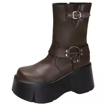 Модные зимние готические сапоги до середины голени на платформе 2024 года, осень 8 см, кожаные туфли на высоком каблуке для мотоциклистов, женские массивные кроссовки в стиле панк, ботинки челси 34 бежевый