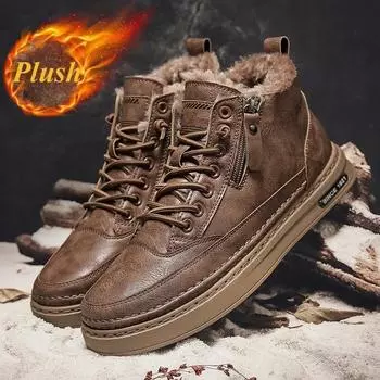 Модные зимние хлопковые ботинки для мужчин, высокие кожаные ботинки, теплые меховые короткие ботинки, ретро-мужские кроссовки, мужская рабочая обувь на молнии, Botas 39