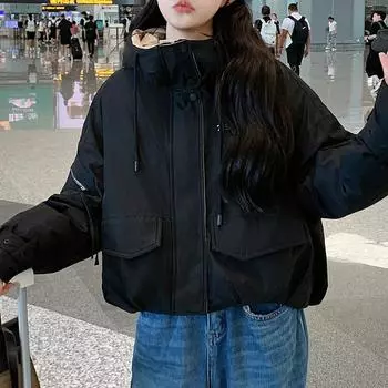 Модные зимние короткие пальто женские большие парки свободные женские куртки толстые теплые верхняя одежда M чёрный