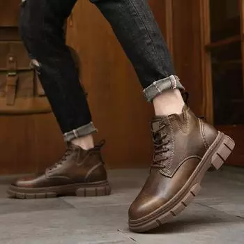 Модные зимние кожаные ботильоны на толстой подошве, повседневная обувь для активного отдыха, мягкие дизайнерские мужские теплые рабочие ботинки, классические ботинки ручной работы в стиле ретро 38 чёрный