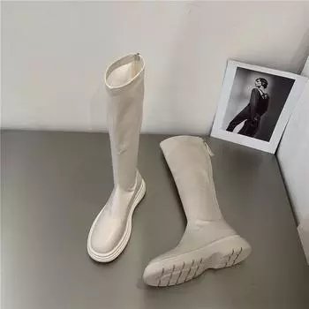 Модные зимние кожаные туфли с круглым носком и высоким голенищем, длинные, элегантные, на низком каблуке, женские сапоги, белые, по акции, из искусственной кожи 35