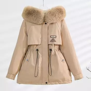 Модные зимние куртки женские верхние куртки с капюшоном и меховым воротником свободные толстые теплые женские парки M хаки
