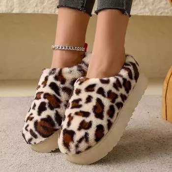 модные зимние леопардовые женские зимние сапоги теплые мокасины сапоги кашемировые толстые подошвы без каблука покрытые волосами полутапочки хлопковые туфли 36 бежевый