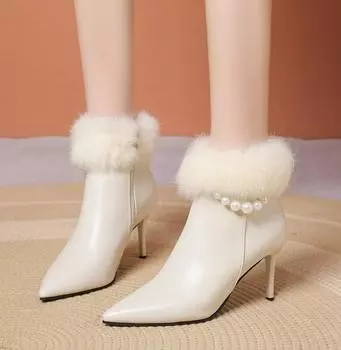 Модные зимние модные женские новые сексуальные туфли на шпильке с острым носком и застежкой-молнией, теплые и удобные женские ботильоны 2024 года, трендовые туфли-лодочки Botas 34 чёрный