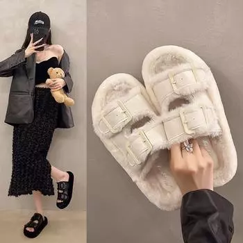 Модные зимние модные женские тапочки на меху с толстой подошвой, дизайнерские плюшевые тапочки 2024 года, модные зимние женские тапочки, роскошные и универсальные 35 бежевый