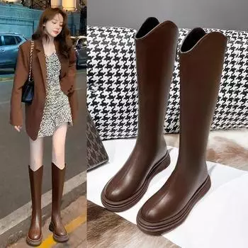 модные зимние мягкие кожаные женские сапоги до колена модные теплые хлопковые длинные сапоги дизайнерские сапоги на низком каблуке Botas De Mujer 35 коричневый