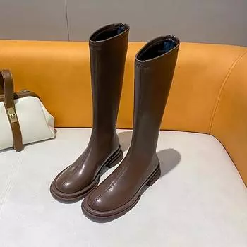 модные зимние мягкие кожаные женские сапоги до колена модные рыцарские длинные сапоги дизайнерские квадратные каблуки Botas De Mujer 35 чёрный