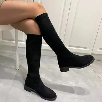 модные зимние мягкие кожаные женские сапоги до колена модные молнии сзади современные длинные сапоги дизайнерские туфли на плоской подошве Botas De Mujer 35 чёрный