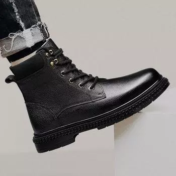 Модные зимние мужские теплые плюшевые кожаные сапоги модные повседневные сапоги обувь из натуральной кожи удобная прочная подошва мужские уличные сапоги из коровьей кожи 36 чёрный