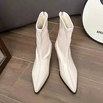 Модные зимние новые хлопковые туфли на тонком каблуке женские с острым носком на молнии сзади противоскользящие износостойкие короткие ботинки 35 бежевый