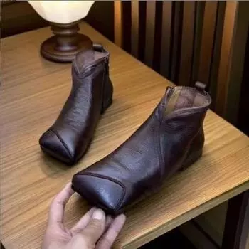 Модные зимние новые плоские ботинки женские квадратные с боковой молнией мягкая подошва нескользящие износостойкие удобные короткие ботинки 35