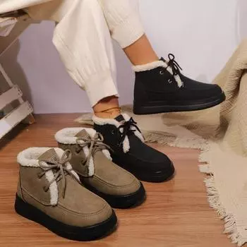 Модные зимние новые стильные удобные повседневные модные ботинки с круглым носком на толстой подошве, непромокаемые теплые ботинки на шнуровке, нескользящие ботинки для женщин 36 чёрный