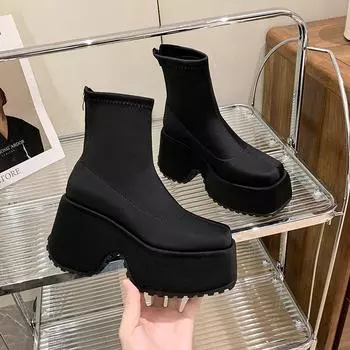 Модные зимние новые толстые каблуки женские модные квадратные задние молнии толстая подошва нескользящие износостойкие короткие сапоги 35 темно серый