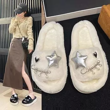 Модные зимние новые женские домашние однотонные тапочки из хлопка с жемчужной звездой и булавкой 36-37 чёрный