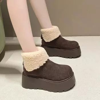 Модные зимние новые зимние ботинки женские модные замшевые с круглым носком на молнии сзади нескользящие износостойкие толстые подошвы с покатым каблуком хлопковые ботинки 35 чёрный